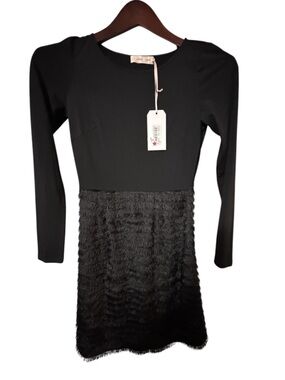 NWT Traffic People Black Long Sleeve Faux Fur Skirt Dress Size XS